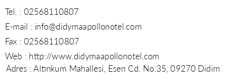 Didyma Apollon Otel telefon numaralar, faks, e-mail, posta adresi ve iletiim bilgileri